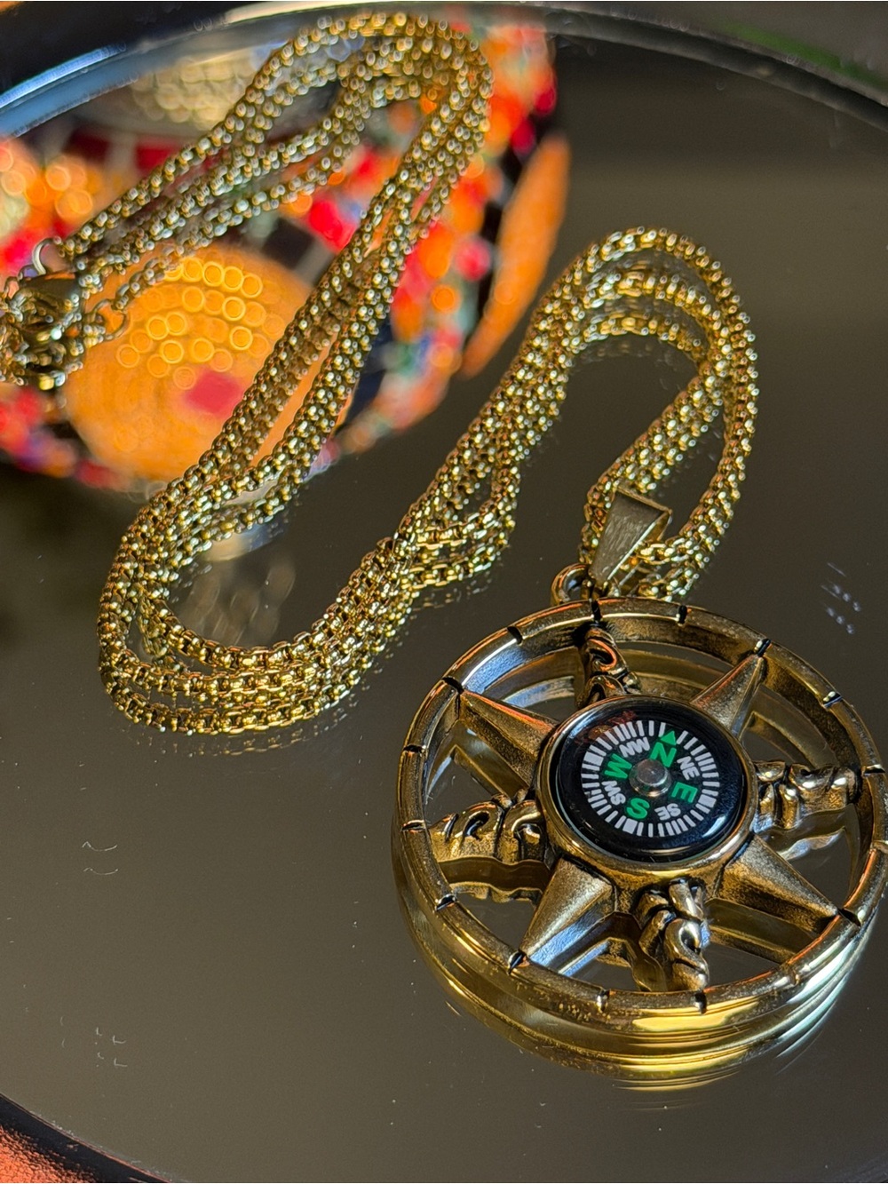 Gold Compass Pendant Necklace - Nautical Star Design